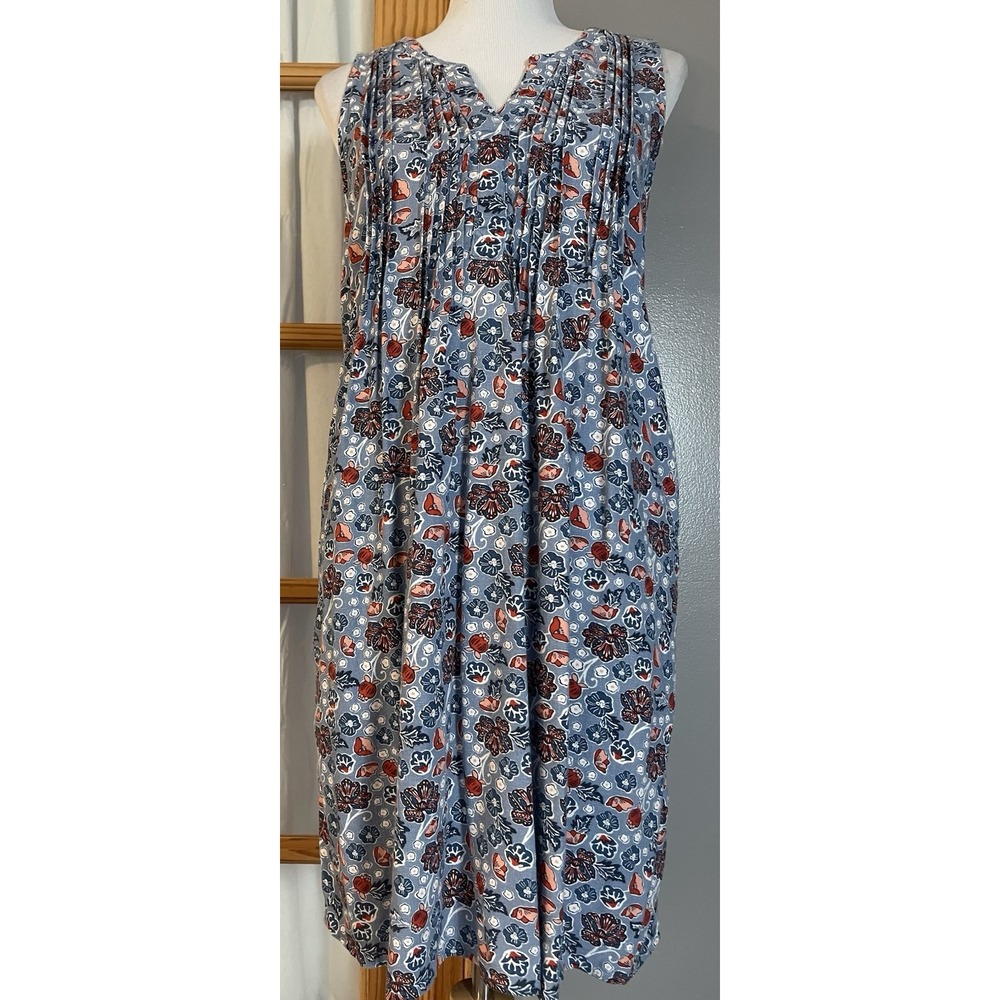 Sonoma Pleated Floral Dress Sz S Oversized Linen Blend Blue-Gray Boho Cottage